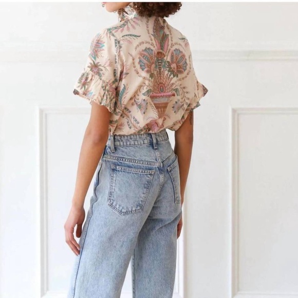 Mille Vanessa Top Versailles Women Sz Medium Cream Multi Button Down Ruffle - Picture 2 of 10